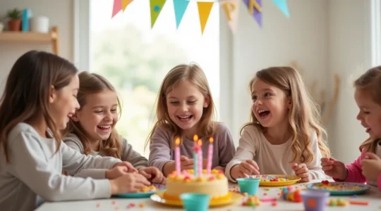 Groupe d'enfants joyeux réunis autour d'une table festive avec ballons colorés et décoration