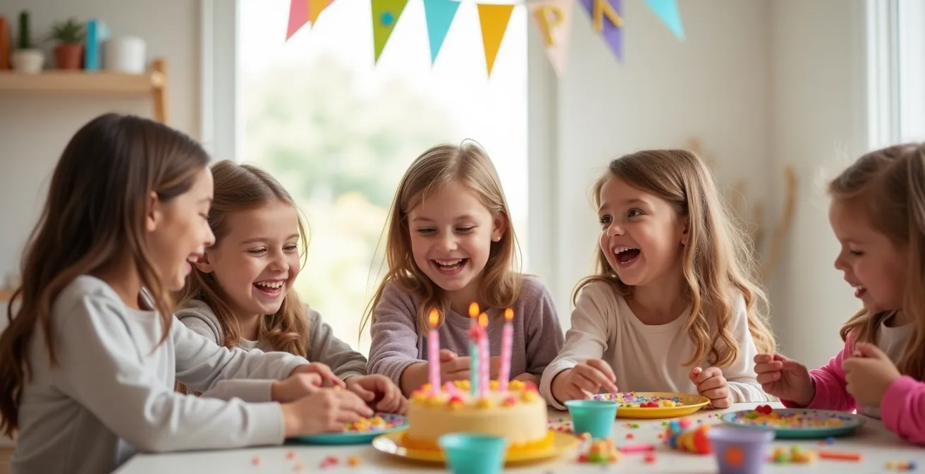 Groupe d'enfants joyeux réunis autour d'une table festive avec ballons colorés et décoration