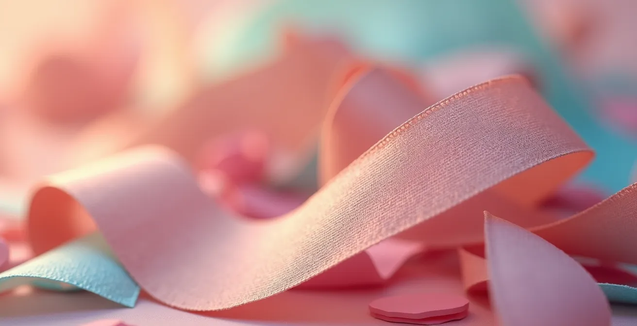 Gros plan sur des éléments de décoration d'anniversaire : rubans satinés colorés, confettis en papier et surfaces texturées