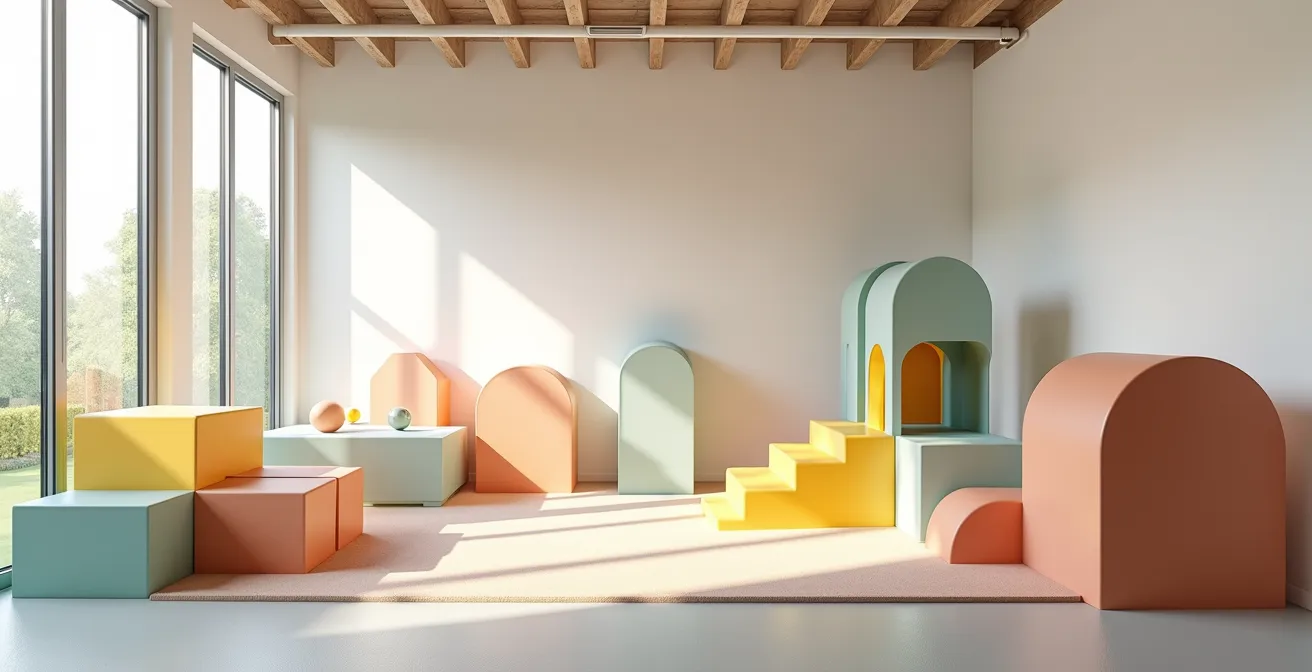 Vue d'ensemble d'un espace de jeu pour enfants avec structures colorées et lumière naturelle abondante