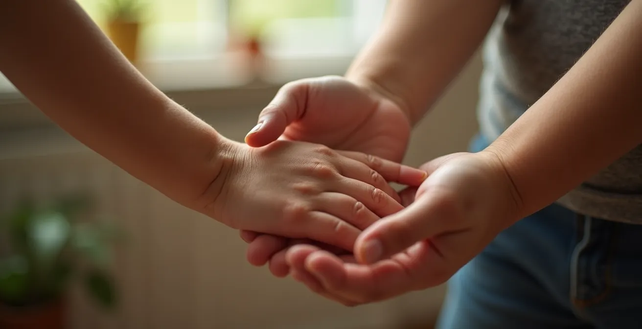Gros plan sur les mains d'un parent et d'un enfant se tenant lors d'un moment de complicité