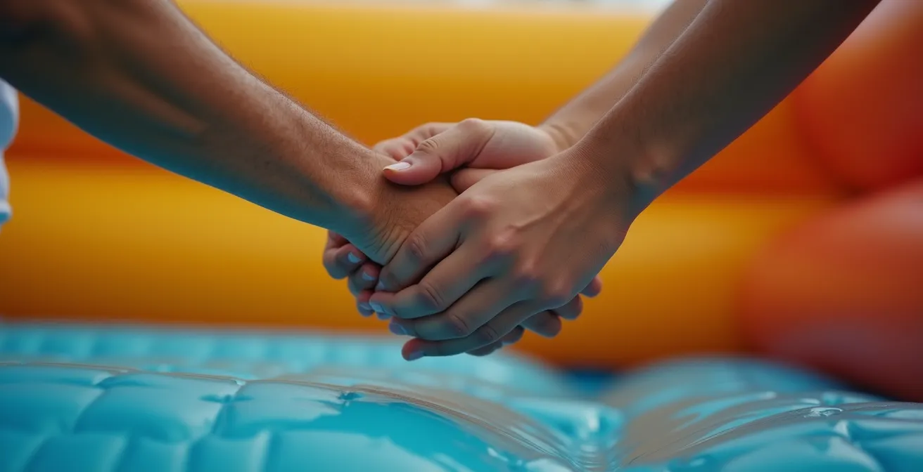 Adultes en tenue décontractée collaborant main dans la main sur une structure gonflable