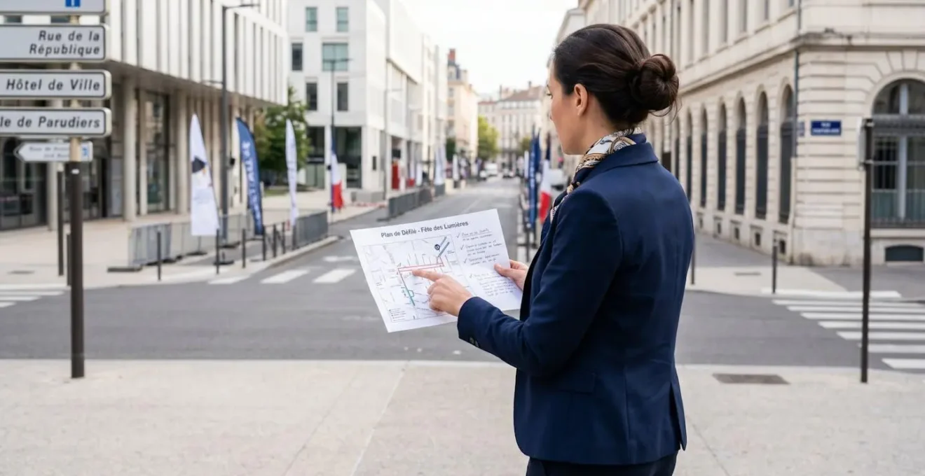 Professionnel vu de dos consultant des documents de planification dans une rue urbaine moderne lors d'une vérification de parcours événementiel