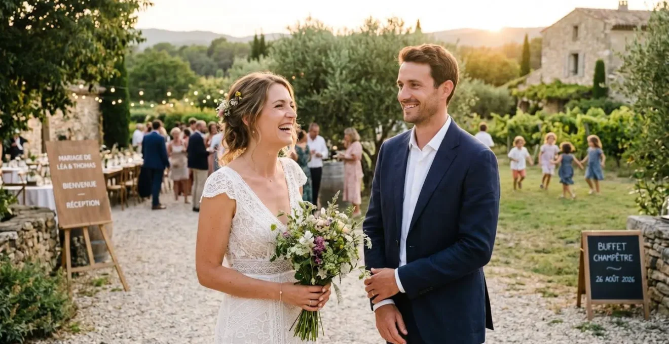 Un couple de mariés vu de profil souriant en regardant au loin, avec une ambiance détendue et chaleureuse
