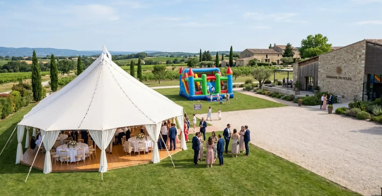 Vue d'ensemble d'un domaine de mariage en extérieur avec une tente de réception blanche et une structure gonflable colorée installée à distance sur une pelouse