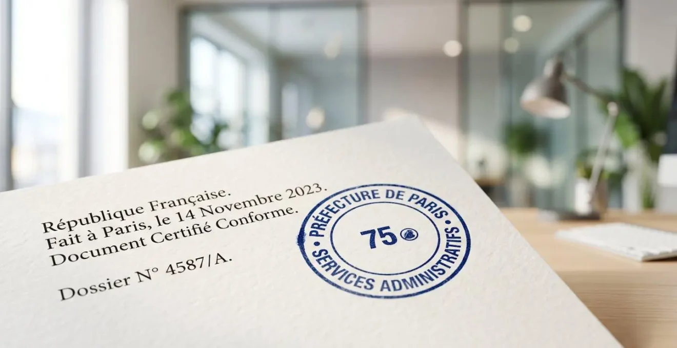 Gros plan sur un tampon officiel apposé sur un document administratif posé sur une surface de bureau moderne