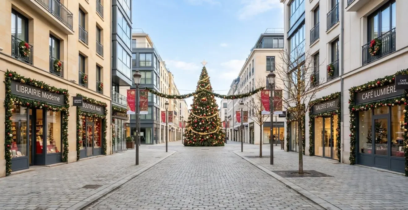 Rue piétonne d'un centre-ville français décorée de guirlandes lumineuses et d'un grand sapin de Noël, vide et prête à accueillir une parade hivernale
