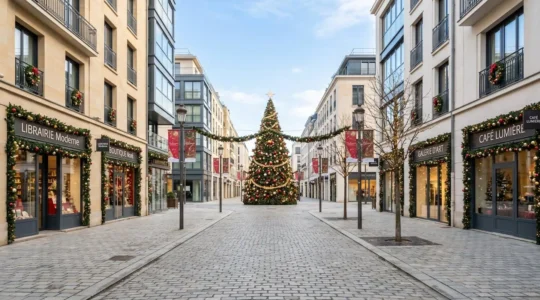Rue piétonne d'un centre-ville français décorée de guirlandes lumineuses et d'un grand sapin de Noël, vide et prête à accueillir une parade hivernale