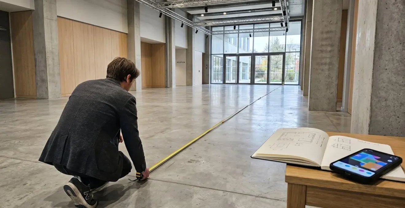 Personne mesurant l'espace au sol d'une salle de réception avec un plan d'aménagement posé à proximité